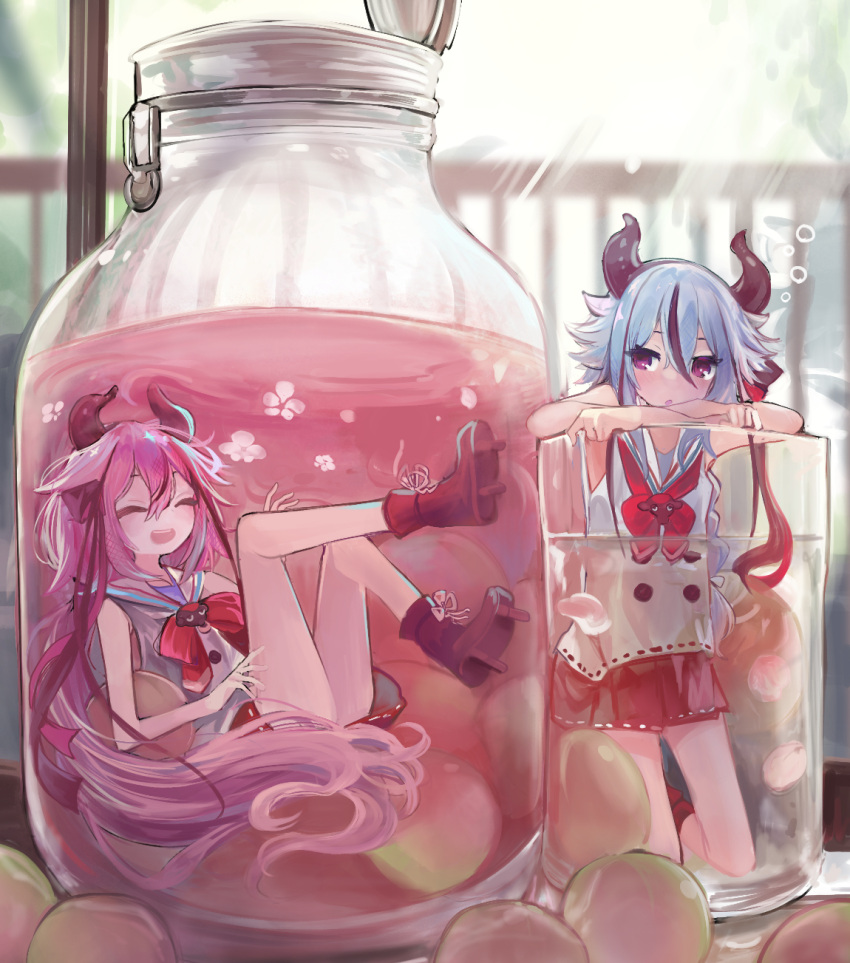 2others blue_hair blurry blurry_background bottle bow bowtie braid bubble closed_eyes collared_shirt commentary flower geta glass gynoid_talk hair_flaps hakama hakama_short_skirt hakama_shorts hakama_skirt head_rest highres horns in_bottle in_container japanese_clothes kneeling long_hair meika_hime meika_mikoto microa mini_person minigirl multiple_others open_mouth pink_eyes pink_hair plum plum_blossoms red_bow red_bowtie red_shorts sailor_collar shirt shorts skirt sleeveless sleeveless_shirt smile submerged twintails umeshu very_long_hair vocaloid white_shirt