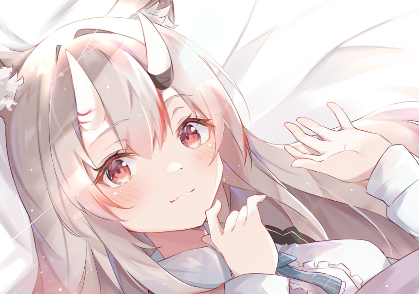 animal_ear_fluff animal_ears blush breasts center_frills closed_eyes closed_mouth collared_shirt commentary female frills grey_hair hololive horns long_hair looking_at_viewer lying multicolored_hair nakiri_ayame nakiri_ayame_(girly) nono_i831 oerba_yun_fang official_alternate_costume on_back oni red_eyes red_hair shirt skin-covered_horns skin_fang small_breasts smile solo streaked_hair virtual_youtuber white_shirt