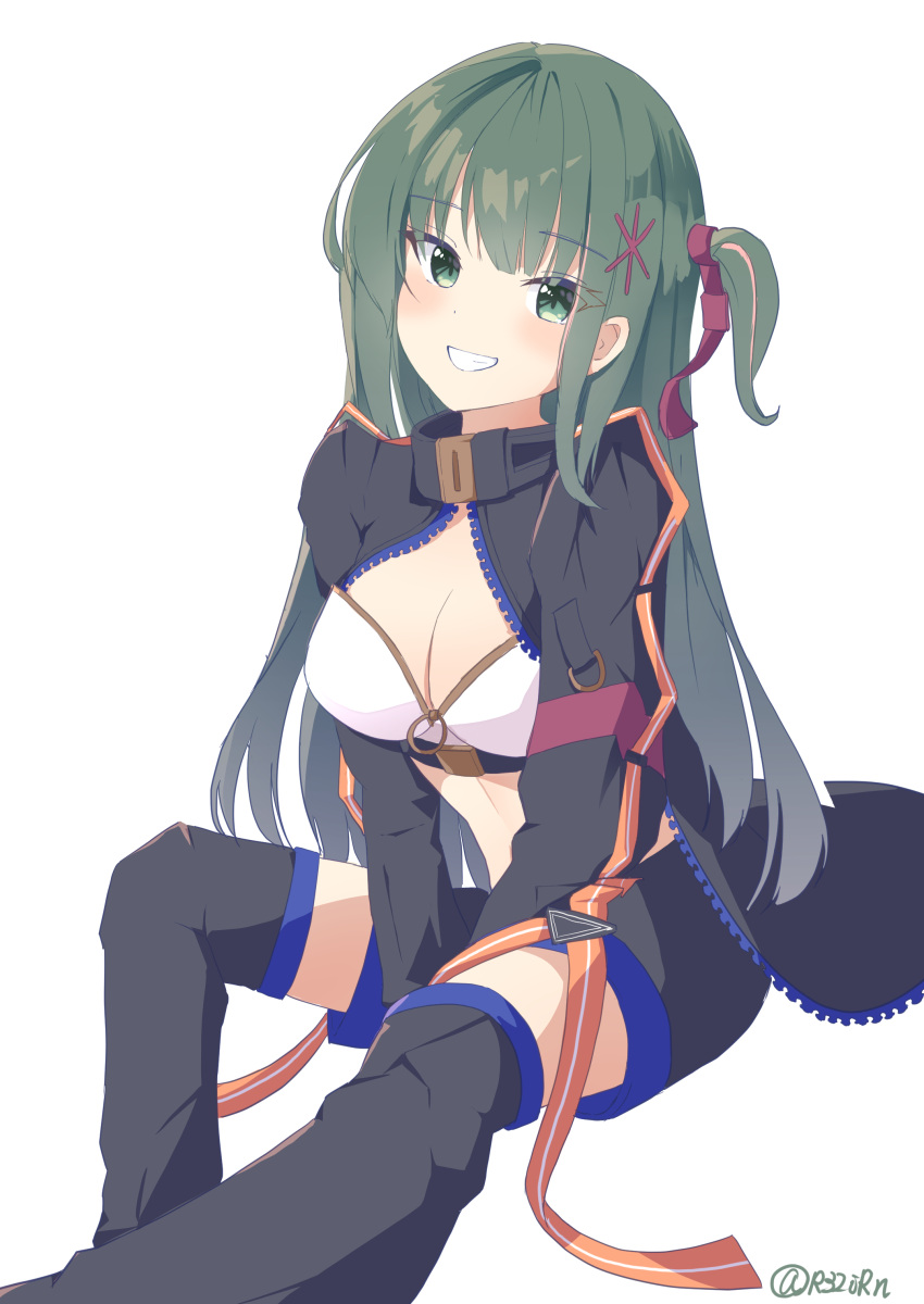 :d absurdres arms_between_legs bandeau black_jacket black_shorts black_thighhighs blush breasts cleavage collared_jacket dot_nose feet_out_of_frame female green_eyes green_hair grin highres idoly_pride invisible_chair jacket knee_up komiyama_ai large_breasts long_bangs long_hair one_side_up open_mouth raised_eyebrows rj_edward_(artist) shorts sidelocks simple_background sitting smile solo straight_hair teeth thighhighs unzipped watermark white_background white_bandeau