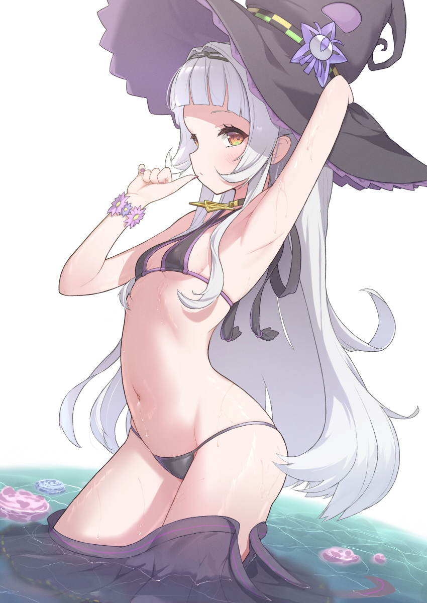 absurdres arm_up armpits bikini black_bikini black_hat black_skirt blunt_bangs blush breasts brown_eyes closed_mouth clothes_pull cowboy_shot female flower flower_bracelet grey_hair hat highres hololive long_hair looking_at_viewer murasaki_shion murasaki_shion_(1st_costume) navel pink_flower skirt skirt_pull small_breasts solo stomach swimsuit taraneko_miso very_long_hair virtual_youtuber wading water wet witch_hat