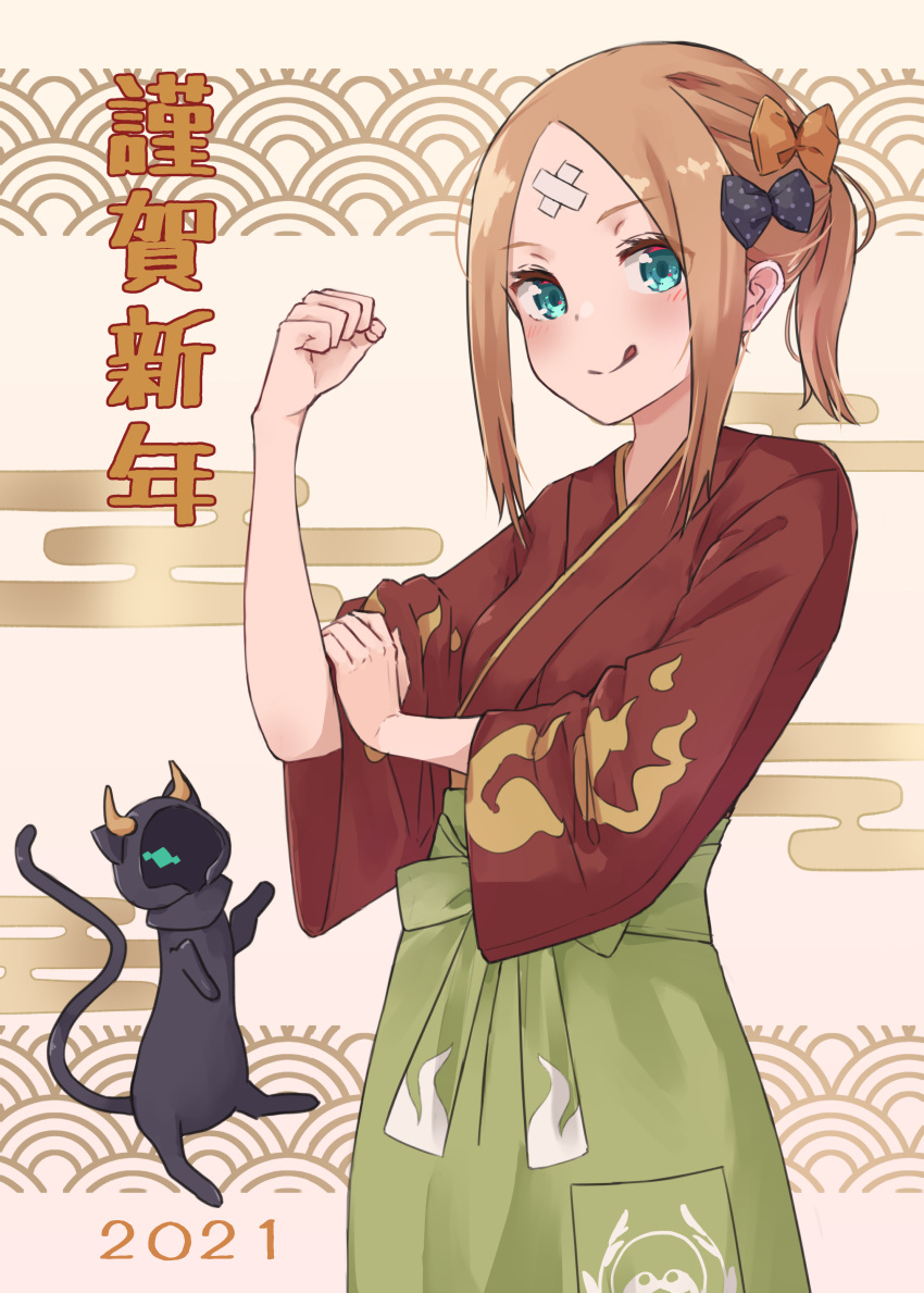 2021 :q abigail_williams_(fate) absurdres alternate_costume alternate_hairstyle animal aqua_eyes black_bow black_cat blush bow bras_d'honneur brown_bow brown_hair brown_kimono clenched_hand closed_mouth crossed_bandaids egasumi fate/grand_order fate_(series) feline female forehead green_hakama hairbow hakama hakama_skirt hand_up highres japanese_clothes kimono kopaka_(karda_nui) long_sleeves looking_at_viewer parted_bangs polka_dot polka_dot_bow ponytail seigaiha sidelocks skirt smile solo tongue tongue_out translated wide_sleeves