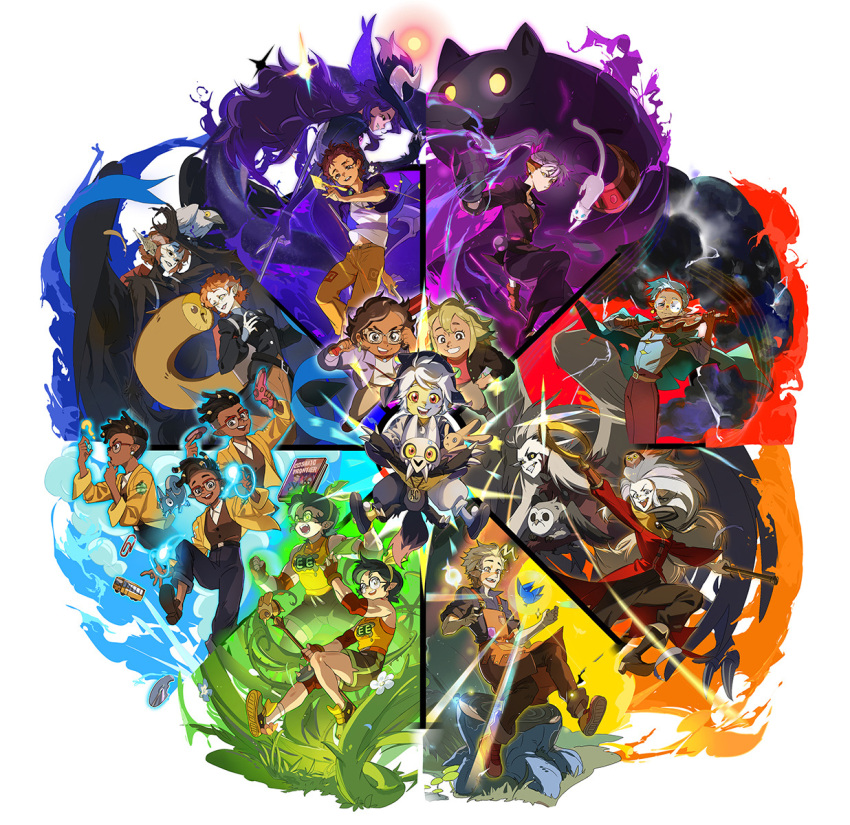 1other 4boys 6+girls amity_blight animal_on_head animification camila_noceda color_wheel color_wheel_challenge dark-skinned_female dark-skinned_male dark_skin demon_girl demon_horns edalyn_clawthorne ghost_(the_owl_house) glowing gus_porter highres hooty_(the_owl_house) horns hunter_(the_owl_house) instrument jacket king_clawthorne kuma20151225 lilith_clawthorne looking_at_viewer luz_noceda magic multiple_boys multiple_drawing_challenge multiple_girls on_head owlbert_(the_owl_house) raine_whispers smile staff stringbean_(the_owl_house) the_collector_(the_owl_house) the_owl_house vee_(the_owl_house) violin willow_park wings