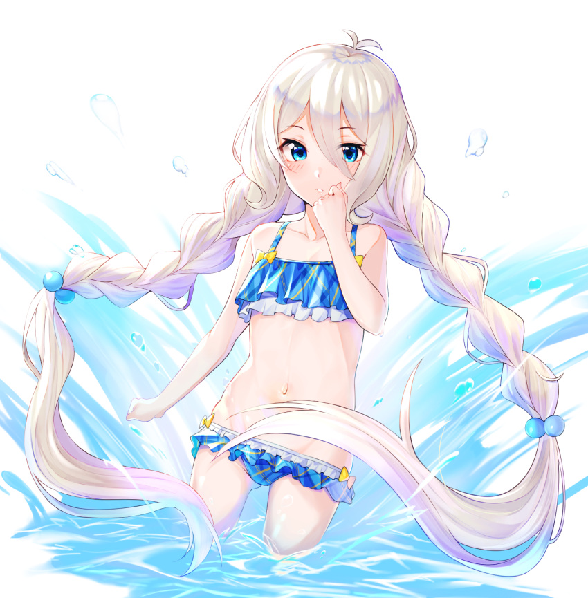 antenna_hair bare_arms bikini blue_bikini blue_eyes blush bow braid clenched_hands collarbone female frilled_bikini frills groin hair_between_eyes hair_bobbles hair_ornament hand_to_own_mouth highres kokkoro_(princess_connect!) kokkoro_(real)_(princess_connect!) long_hair looking_at_viewer navel parted_lips princess_connect! running shimon_(31426784) solo swimsuit twin_braids very_long_hair wading water water_drop white_hair yellow_bow