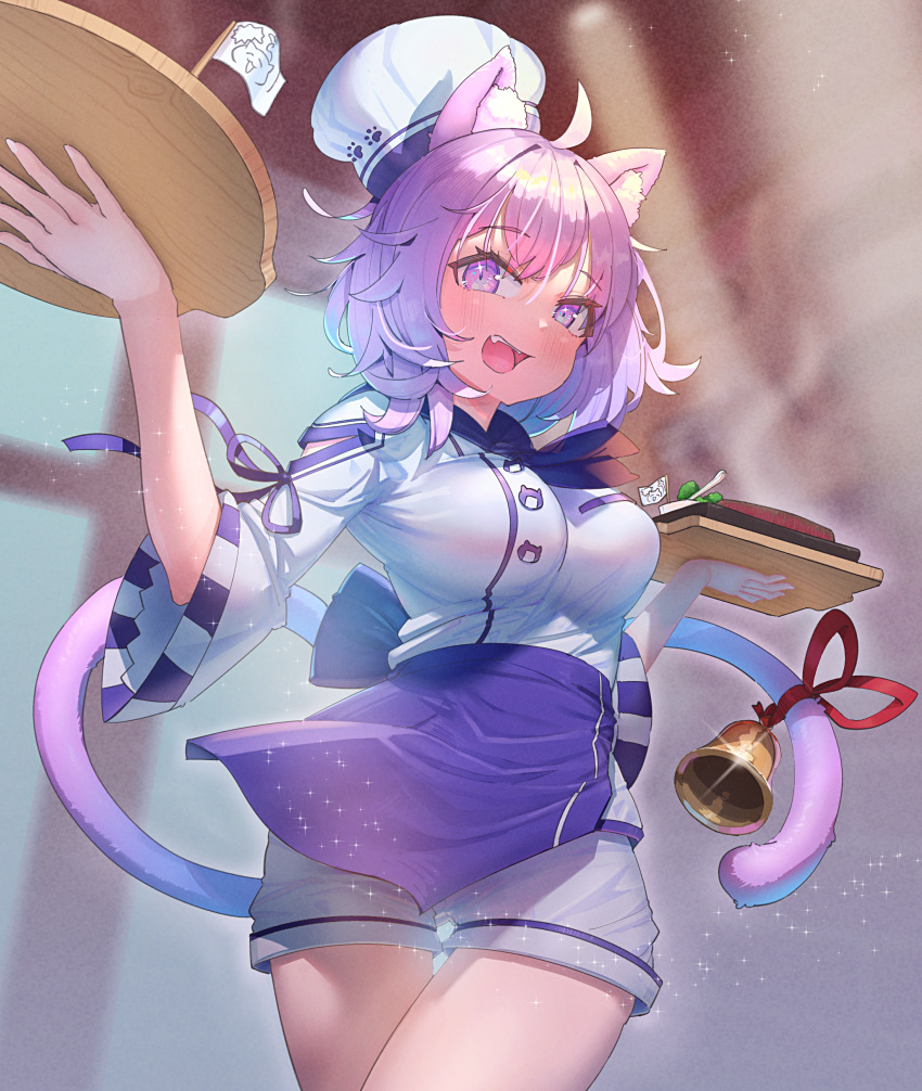 absurdres ahoge animal_ear_fluff animal_ears apron ass_visible_through_thighs bell blurry blurry_background blush breasts cat_ears cat_girl cat_tail chef chef_hat colored_inner_hair cowboy_shot crossed_bangs cucumbear073 female flag food from_below glint hair_between_eyes hat highres holding holding_tray hololive large_breasts long_sleeves looking_at_viewer messy_hair multicolored_hair neckerchief nekomata_okayu oerba_yun_fang official_alternate_costume open_mouth purple_eyes purple_hair ribbon-trimmed_sleeves ribbon_trim shirt short_hair short_shorts shorts smile solo sparkle striped tail tail_bell tail_ornament taut_clothes taut_shirt thigh_gap tray tsurime virtual_youtuber waist_apron walking white_shirt white_shorts wide_sleeves