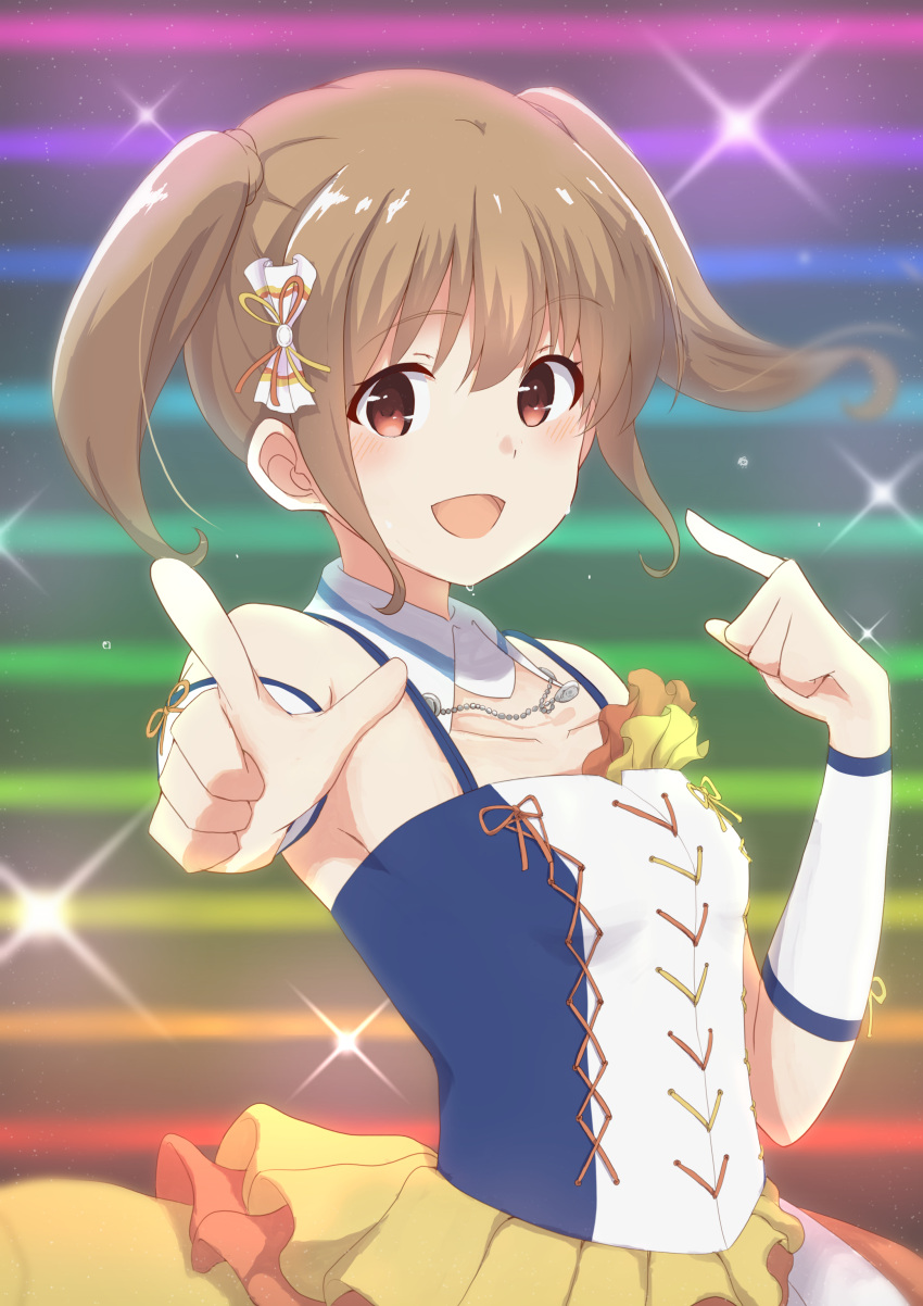 :d absurdres bare_shoulders blue_shirt blush breasts brown_hair collarbone dashimeshi detached_collar dot_nose female floating_hair from_side hair_between_eyes hair_ribbon hand_up highres idol idol_clothes idoly_pride index_finger_raised kawasaki_sakura_(idoly_pride) layered_skirt open_mouth orange_skirt outstretched_arm pleated_skirt pointing pointing_at_viewer rainbow_background raised_eyebrows red_eyes ribbon shirt short_hair short_twintails skirt sleeveless sleeveless_shirt small_breasts smile solo sparkle twintails two-tone_shirt upper_body white_shirt yellow_skirt