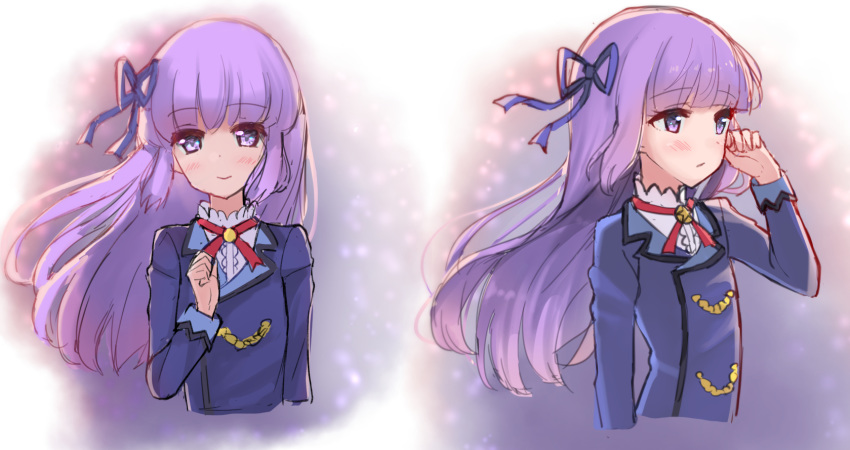 aikatsu! aikatsu!_(series) arm_up blue_jacket blue_ribbon blush closed_mouth commentary_request cropped_torso female hair_ribbon hand_up highres hikami_sumire jacket long_hair long_sleeves looking_at_viewer looking_away makiaato multiple_views purple_eyes purple_hair ribbon school_uniform shirt smile starlight_academy_school_uniform very_long_hair white_shirt