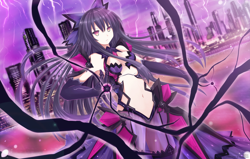 armor bare_shoulders bikini_armor black_hair breasts center_opening city cleavage commentary_request dark_persona date_a_live detached_collar elbow_gloves electricity energy female gem gloves hair_ribbon highres kazenokaze long_hair medium_breasts navel parted_lips pauldrons purple_thighhighs red_eyes ribbon see-through shoulder_armor solo spoilers thighhighs yatogami_tenka yatogami_tooka