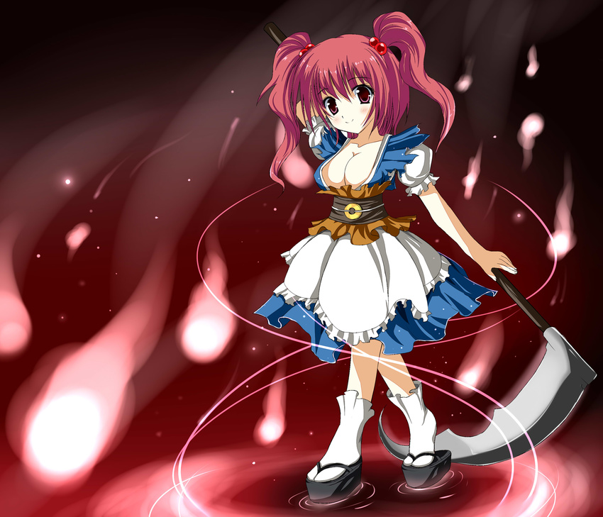 absurdres apron arm_up bad_deviantart_id bad_id blizzomos blue_dress blush breasts cleavage closed_mouth collarbone dress eyebrows female fire floating frills geta ghost hair_over_one_eye highres holding holding_weapon kneehighs looking_at_viewer medium_breasts o-ring obi okobo onozuka_komachi platform_footwear puffy_short_sleeves puffy_sleeves red_eyes red_hair sandals sash scythe short_sleeves socks solo tabi tareme touhou two_side_up underbust waist_apron walking walking_on_liquid weapon