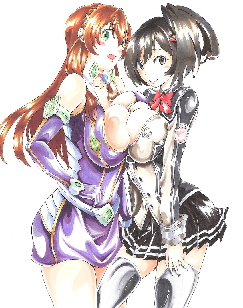 2girls asymmetrical_docking bad_id bad_pixiv_id bare_shoulders black_eyes black_hair blush braid breast_press breasts brown_hair commentary_request elbow_gloves gloves green_eyes highres juuzou_(amayuu112) large_breasts looking_at_viewer multiple_girls open_mouth pleated_skirt ponytail saijou_suzune side_ponytail skirt smile super_robot_wars super_robot_wars_operation_extend super_robot_wars_z super_robot_wars_z3 white_background yaegaki_himari