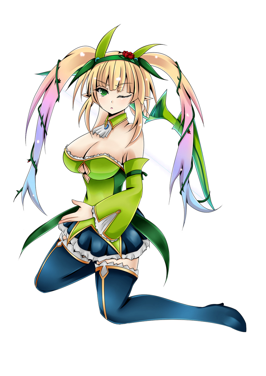 bare_shoulders black_thighhighs blonde_hair bow_(weapon) breasts cleavage commentary_request elf female frills full_body green_eyes hairband highres huge_breasts kneeling looking_at_viewer one_eye_closed pointy_ears puzzle0221 sennen_sensou_aigis solo spica_(sennen_sensou_aigis) thighhighs twintails weapon white_background