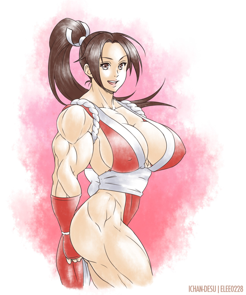 biceps breasts brown_eyes brown_hair cleavage elee0228 fatal_fury female female high_ponytail ichan-desu king_of_fighters large_breasts long_hair muscle ponytail shiranui_mai smile solo