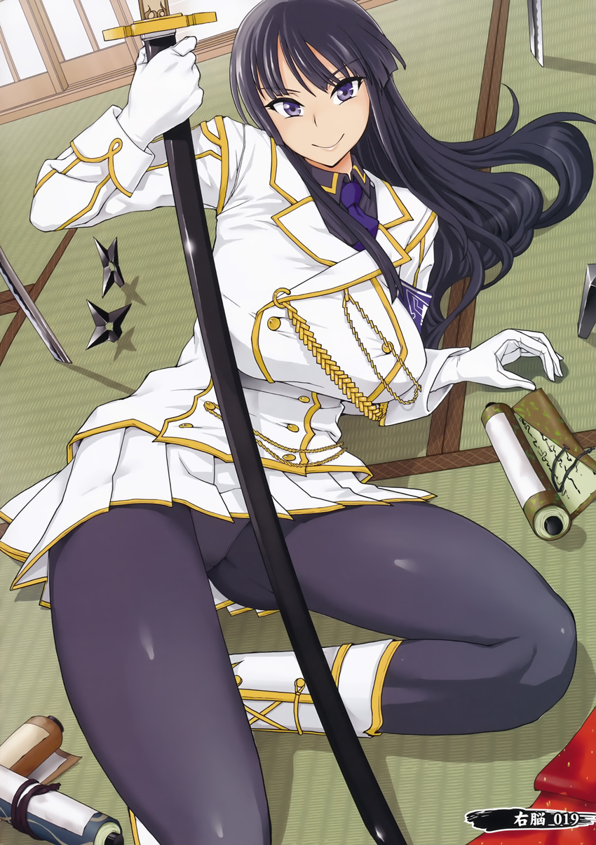 absurdres black_eyes black_hair boots breasts clothing_aside female highres huge_breasts ikaruga_(senran_kagura) katana long_hair looking_at_viewer necktie panties pantyhose scroll senran_kagura shuriken solo sword underwear unou_(mousou_deguchi) weapon