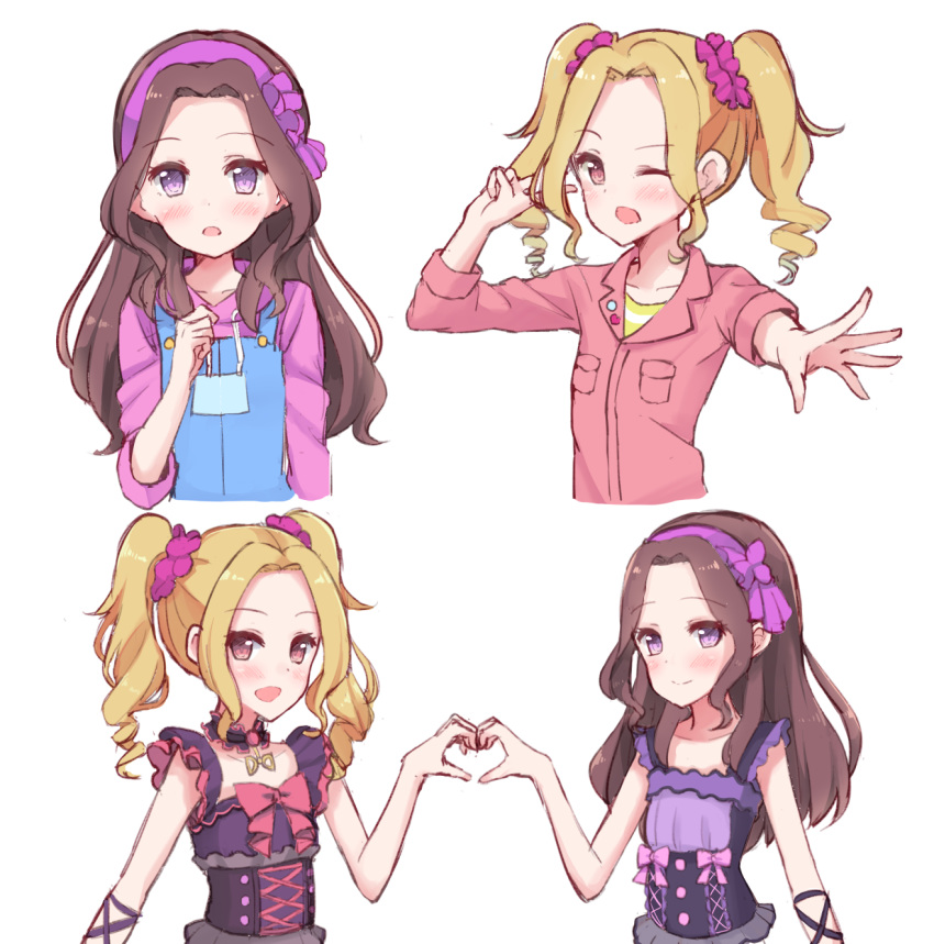 2girls :d ;d aikatsu! aikatsu!_(series) bare_arms bare_shoulders black_dress blonde_hair blush breast_pocket brown_eyes brown_hair closed_mouth collarbone commentary_request cropped_torso daichi_nono drawstring dress forehead hair_ornament hair_scrunchie hairband heart heart_hands heart_hands_duo highres hood hood_down hoodie jacket long_hair long_sleeves looking_at_viewer makiaato multiple_girls multiple_views one_eye_closed open_mouth outstretched_arm overalls parted_bangs pink_jacket pocket purple_dress purple_eyes purple_hairband purple_hoodie purple_scrunchie ringlets scrunchie shirakaba_risa shirt simple_background sleeveless sleeveless_dress smile striped_clothes striped_shirt twintails v white_background