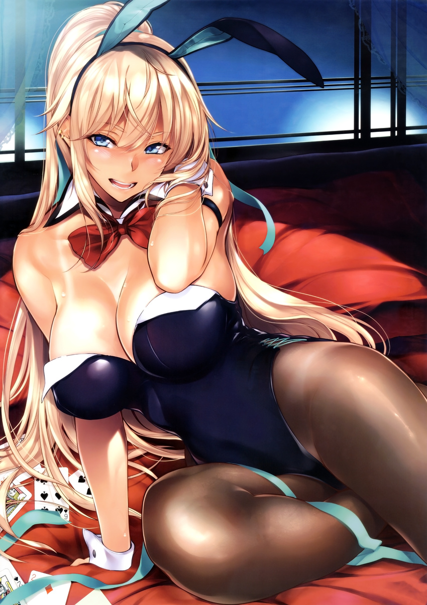 absurdres animal_ears arm_support bare_shoulders bed_sheet blonde_hair bow bowtie breasts brown_pantyhose card cleavage detached_collar fake_animal_ears female highres large_breasts leotard long_hair looking_at_viewer open_mouth original pantyhose playboy_bunny playing_card rabbit_ears saegusa_miki sassy-sister_complex! scan smile solo tan tanlines warabino_matsuri wrist_cuffs