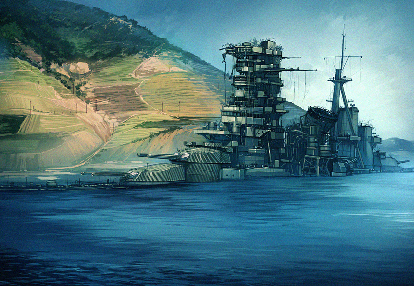 battlecruiser battleship commentary_request haruna_(battleship) hill hino_katsuhiko imperial_japanese_navy military military_vehicle no_humans original outdoors photoshop_(medium) scenery ship shipwreck shore smokestack turret vehicle_focus warship watercraft world_war_ii