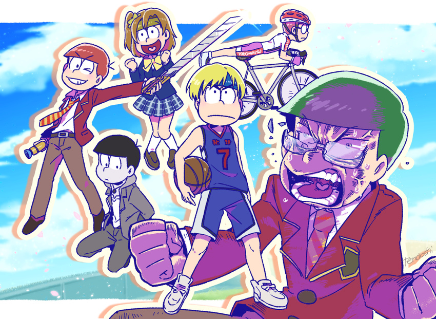 6+boys ;) angry artist_name bad_id bad_twitter_id ball basketball basketball_(object) basketball_uniform bicycle bicycle_helmet bike_jersey blonde_hair blue_hair brothers brown_hair commentary_request cosplay crossdressing cyclist f6_(osomatsu-san) glasses green_hair heart heart_in_mouth helmet hood hoodie kise_ryouta kise_ryouta_(cosplay) kosaka_honoka kosaka_honoka_(cosplay) kuroko_no_basuke love_live! love_live!_school_idol_project male_focus matsuno_choromatsu matsuno_ichimatsu matsuno_jyushimatsu matsuno_karamatsu matsuno_osomatsu matsuno_todomatsu multiple_boys one_eye_closed onoda_sakamichi onoda_sakamichi_(cosplay) orange_hair osomatsu-kun osomatsu-san osomatsu_(series) otonokizaka_school_uniform pink_hair red_hair school_uniform sextuplets shingeki_no_kyojin short_hair siblings smile sportswear tendoshi three-dimensional_maneuver_gear wig yowamushi_pedal