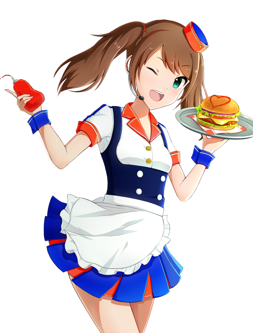 1boy absurdres apron bad_id bad_pixiv_id brown_hair burger burger_skater_(idolmaster) carrying commentary_request cowboy_shot crossdressing food green_eyes headset highres idolmaster idolmaster_side-m jaki_(n34k) ketchup_bottle long_hair looking_at_viewer male_focus microphone miniskirt mizushima_saki one_eye_closed open_mouth otoko_no_ko pleated_skirt short_sleeves simple_background skirt smile solo twintails underbust waitress white_background wrist_cuffs