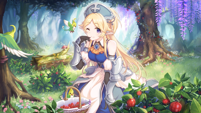 arm_guards arm_support armor bare_shoulders berry bird black_gloves blonde_hair blue_dress breasts closed_mouth collared_dress cross cross_fleury cygames dress elf faulds female flower forest gloves greek_cross hat long_dress long_hair looking_at_viewer nature official_art on_grass one_eye_closed outdoors parted_bangs pointy_ears princess_connect! purple_eyes sidelocks smile solo split_mouth yukari_(princess_connect!)