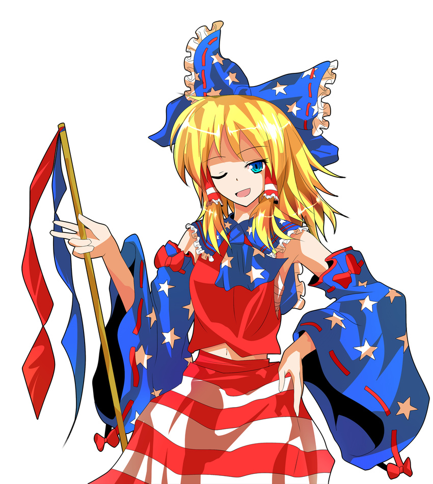 alphes_(style) alternate_color alternate_hair_color american_miko blonde_hair blue_eyes blue_sleeves bow commentary_request detached_sleeves female gohei hairbow hakurei_reimu hand_on_own_hip highres looking_at_viewer midriff one_eye_closed open_mouth pandora-ex parody sarashi smile solo star_(symbol) style_parody touhou transparent_background united_states