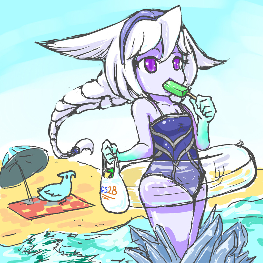 anivia bag beach beach_towel beach_umbrella braid chibi colored_skin commentary_request day female food hairband ice innertube league_of_legends lissandra_(league_of_legends) long_hair ocean one-piece_swimsuit popsicle purple_eyes purple_skin shopping_bag single_braid solo swim_ring swimsuit towel trombe umbrella white_hair