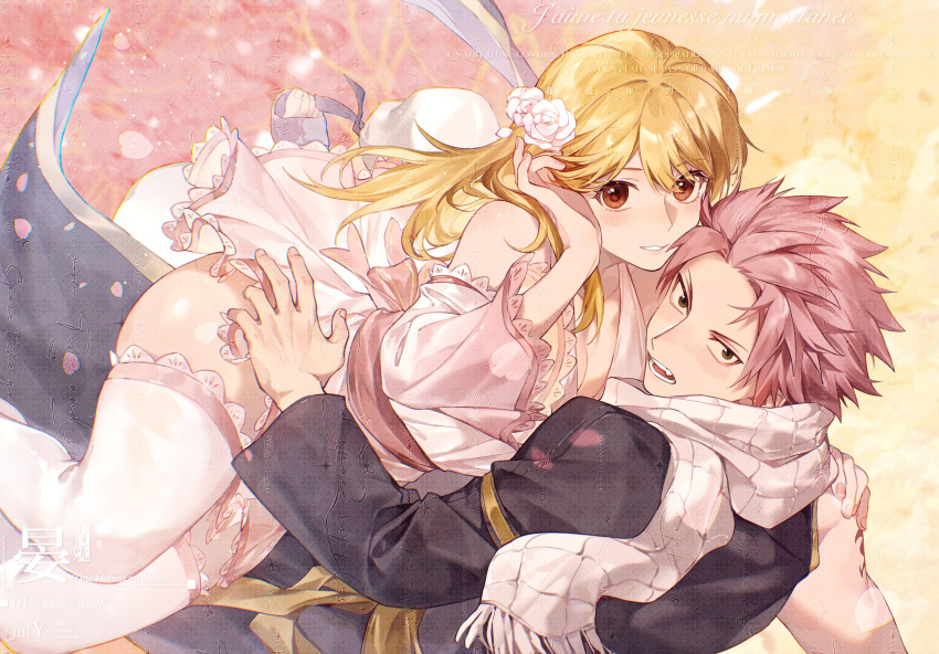 1boy absurdres black_coat blonde_hair brown_eyes coat detached_sleeves dress fairy_tail female flower hair_flower hair_ornament highres long_coat looking_at_viewer lucy_heartfilia natsu_dragneel open_mouth pink_hair scarf short_dress short_hair teeth thighhighs white_dress white_flower white_scarf white_sleeves white_thighhighs xuchuan