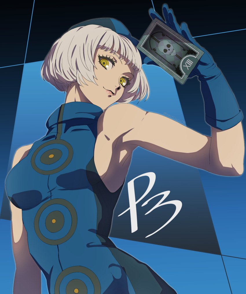 armpits blue_background blue_dress blue_gloves blue_hat blunt_bangs breasts card closed_mouth commentary copyright_name death_(tarot) dress elizabeth_(persona) eyelashes female gloves grey_hair hat highres lips looking_at_viewer medium_breasts persona persona_3 ringed_eyes short_hair sleeveless sleeveless_dress smile solo tarot tarot_(card) taut_clothes taut_dress turtleneck turtleneck_dress umenituru upper_body yellow_eyes