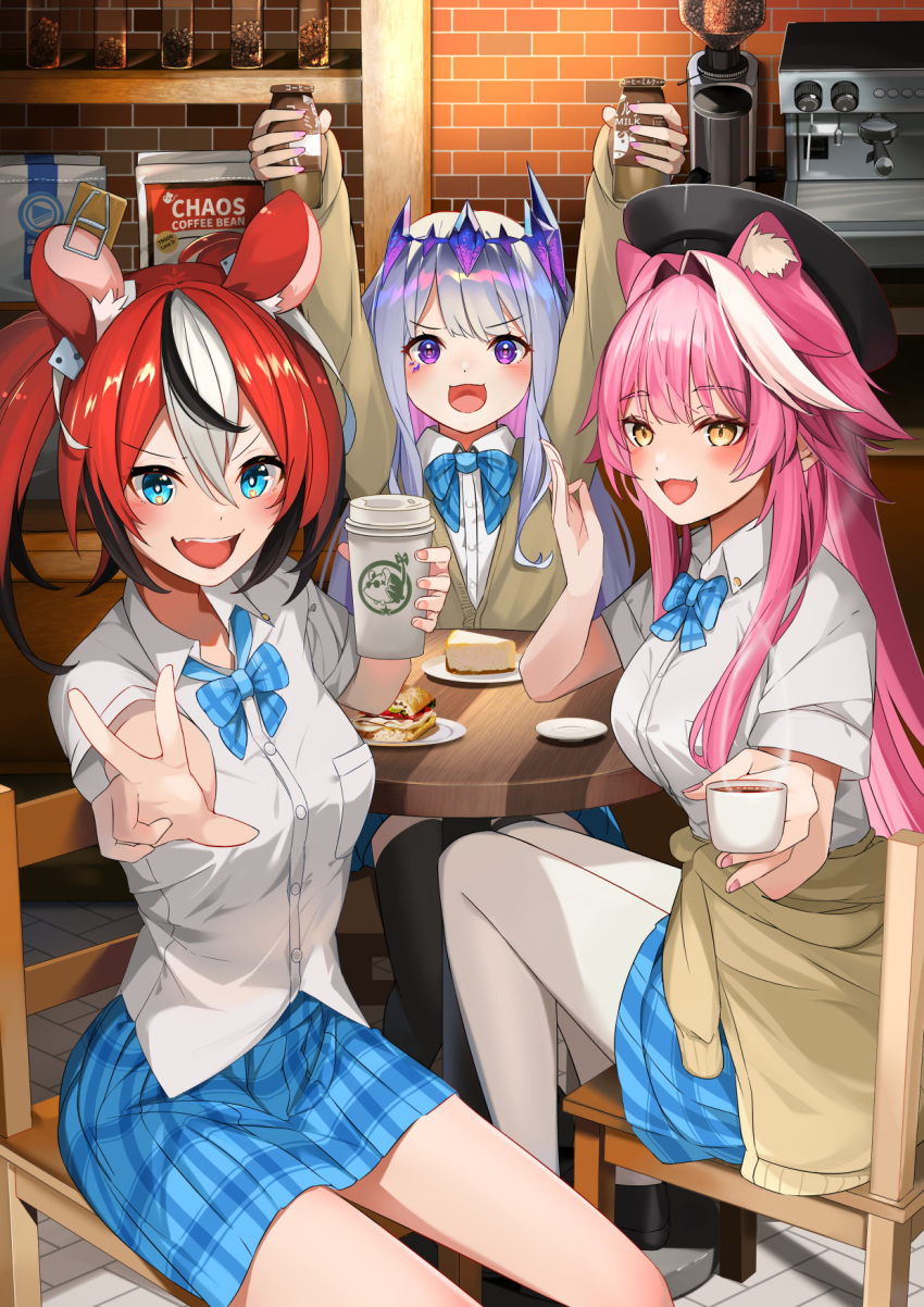 3girls alternate_costume animal_ear_fluff animal_ears arms_up black_hair black_thighhighs blue_bow blue_bowtie blue_eyes blush bottle bow bowtie breasts brick_wall cafe chair coffee coffee_beans coffee_maker coffee_mug collared_shirt colored_inner_hair commentary commentary_request cup disposable_coffee_cup disposable_cup drink face_jewel gem gem_hair_ornament grey_hair hair_between_eyes hair_ornament hakos_baelz highres holding holding_bottle holding_cup holding_drink hololive hololive_english indoors jewel_under_eye koseki_bijou long_hair looking_at_viewer milk mouse_ears mouse_girl mr._squeaks_(hakos_baelz) mug multicolored_hair multiple_girls nail_polish open_mouth panther_ears panther_girl pantyhose pink_hair pink_nails purple_eyes purple_gemstone purple_hair raora_panthera red_hair school_uniform shirt sitting skirt smile sora_no_tori streaked_hair table thighhighs thighs twintails v very_long_hair virtual_youtuber w white_hair white_pantyhose yellow_eyes