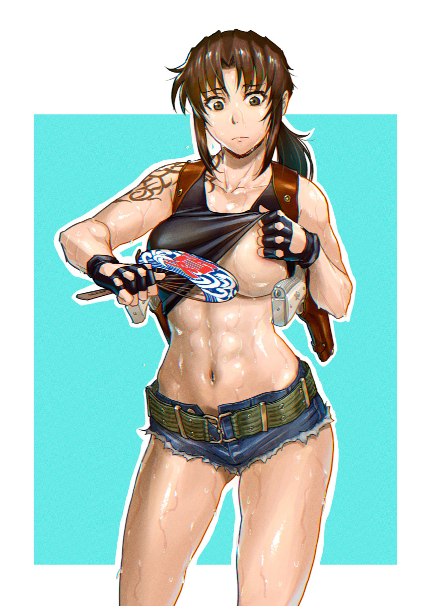 abs azasuke beretta_92 black_lagoon black_tank_top breasts brown_eyes brown_hair clothes_lift collarbone crop_top cutoffs denim denim_shorts fanning fanning_breasts fanning_self female fingerless_gloves gloves gun hand_fan handgun highres holster long_hair midriff muscular muscular_female navel paper_fan ponytail revy_(black_lagoon) shirt_lift short_shorts shorts shoulder_holster shoulder_tattoo simple_background solo sweat tank_top tattoo tribal_tattoo underboob weapon