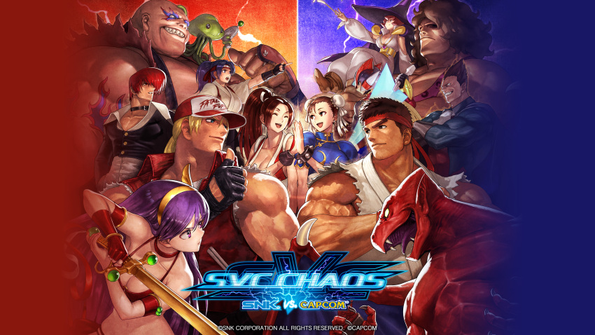 6+boys 6+girls absurdres afro android athena_(series) bikini blank_eyes blonde_hair blue_eyes bracelet breasts capcom chun-li copyright_name crossed_arms crossover dark_skin demitri_maximoff demon demon_wings dougi earthquake_(samurai_spirits) energy_sword fangs fatal_fury fatal_fury_cap final_fight gloves helmet high_five highres holding holding_sword holding_weapon hugo_andore jewelry large_breasts logo long_hair makaimura mars_people medium_breasts mega_man_(series) mega_man_zero_(series) metal_slug multiple_boys multiple_crossover multiple_girls muscular official_art official_wallpaper ogura_eisuke open_mouth princess_athena red_arremer red_bikini rivalry ryu_(street_fighter) ryuuko_no_ken samurai_spirits shiranui_mai simple_background smile snk street_fighter studded_bracelet svc_chaos swimsuit sword tabasa tentacle terry_bogard the_king_of_fighters thumbs_up toudou_kasumi upper_body vampire_(game) warzard weapon wings wizard yagami_iori yellow_eyes z_saber zero(z)_(mega_man) zero_(mega_man)