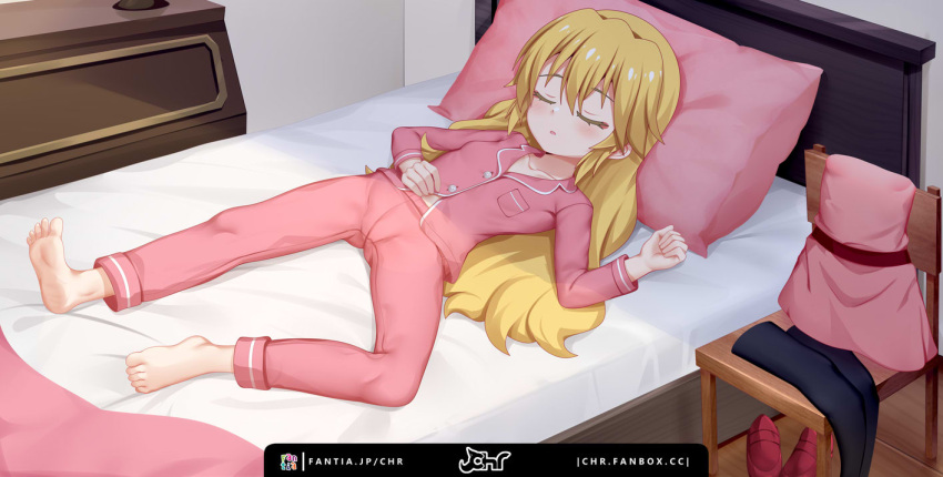 alice_rondo barefoot bed black_thighhighs blonde_hair chair chrisandita closed_eyes collarbone collared_shirt commission dress dress_shirt facing_viewer female hand_on_own_stomach hand_up indoors long_hair long_sleeves lying on_back on_bed pajamas pants parted_lips pillow pink_dress pink_pajamas pink_pants pink_shirt red_footwear shirt shoes solo tensei_shitara_slime_datta_ken thighhighs unworn_dress unworn_shoes unworn_thighhighs very_long_hair watermark web_address wooden_floor