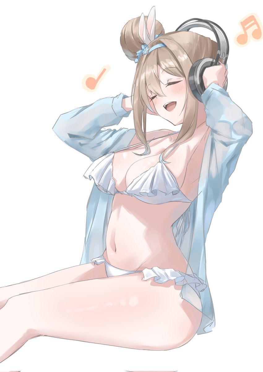 bikini blonde_hair blue_hairband blue_jacket breasts cleavage closed_eyes commentary_request cowboy_shot female frilled_bikini frills girls'_frontline hair_bun hairband headphones highres holding holding_headphones jacket medium_breasts musical_note navel official_alternate_costume open_mouth sidelocks simple_background single_hair_bun smile solo stomach suomi_(girls'_frontline) suomi_(midsummer_pixie)_(girls'_frontline) swimsuit teeth upper_teeth_only wano117_wa white_background white_bikini