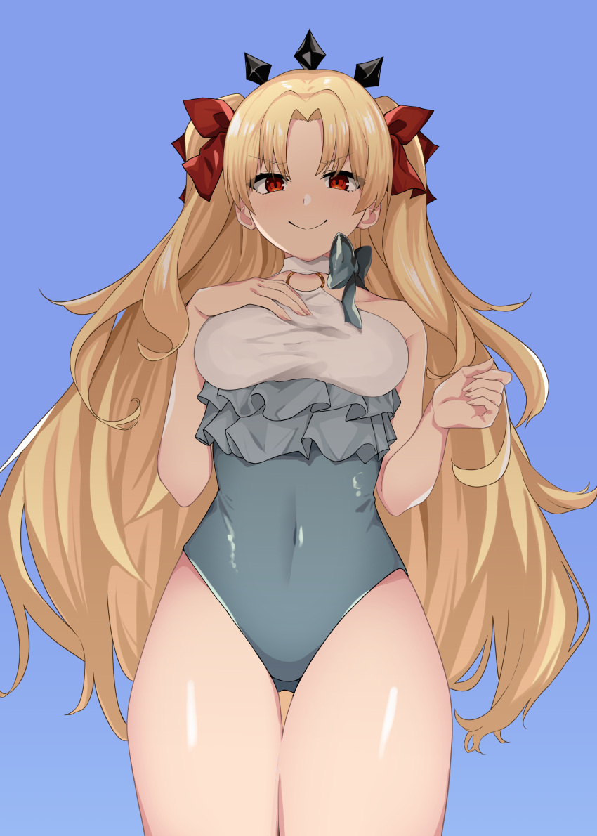 absurdres blonde_hair blue_background bow breasts covered_navel ereshkigal_(fate) fate/grand_order fate_(series) female frilled_one-piece_swimsuit frills hairbow hand_on_own_chest highres long_hair medium_breasts one-piece_swimsuit red_bow red_eyes smile space_ereshkigal_(fate) space_ereshkigal_(first_ascension)_(fate) swimsuit tanuki_(siutkm0228) two_side_up