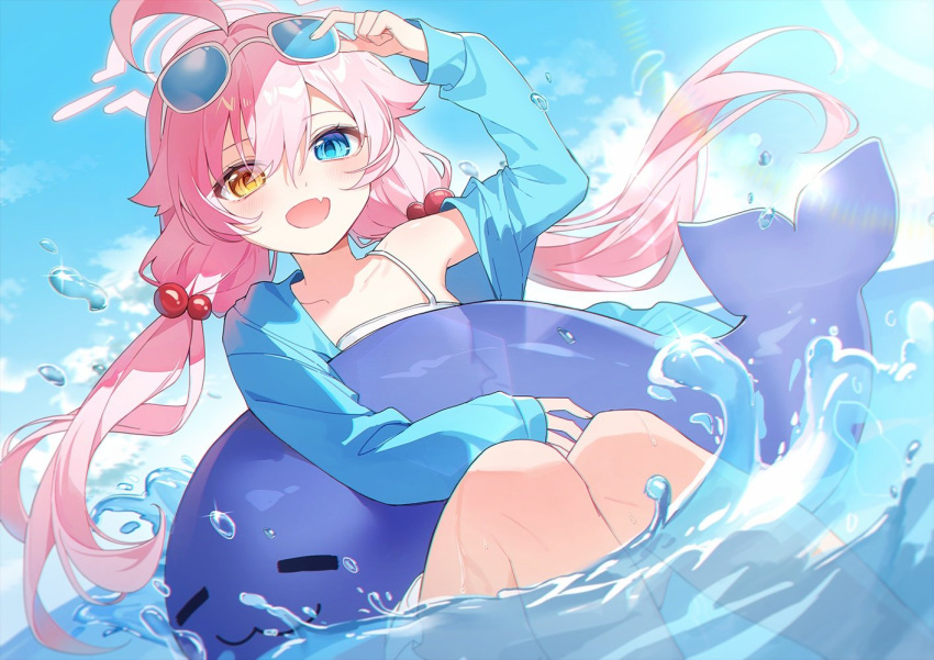 ahoge aqua_cardigan arm_up bikini blue_archive cardigan eyewear_on_head female hair_between_eyes halo heterochromia hoshino_(blue_archive) hoshino_(swimsuit)_(blue_archive) inflatable_toy inflatable_whale long_hair long_sleeves ocean oerba_yun_fang open_cardigan open_clothes open_mouth outdoors pink_hair sky smile solo sunglasses swimming swimsuit twintails very_long_hair water white_bikini yunweishukuang