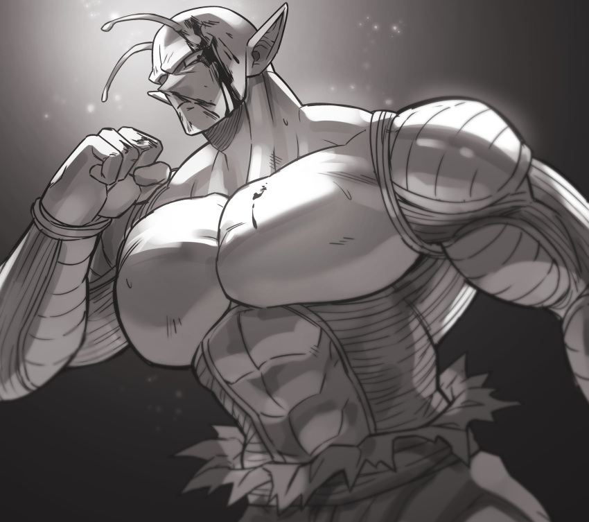 1boy abs antennae bald bara blood blood_on_face broad_shoulders cowboy_shot dandan_mong dragon_ball dragon_ball_super dragon_ball_super_super_hero greyscale highres huge_pectorals looking_at_viewer male_focus monochrome monster_boy muscular muscular_male orange_piccolo piccolo pointy_ears serious solo standing topless_male v-taper