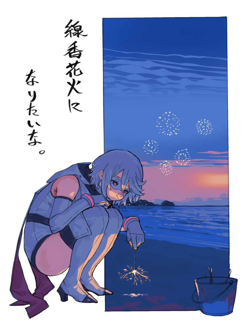 absurdres bare_shoulders beach boots bucket bukimi_isan elbow_gloves eye_mask female fireworks from_side gloves grey_hair high_heel_boots high_heels highres holding hood hood_down hooded_leotard looking_down outdoors short_hair shy_(character) shy_(series) solo squatting sunset thigh_boots translation_request