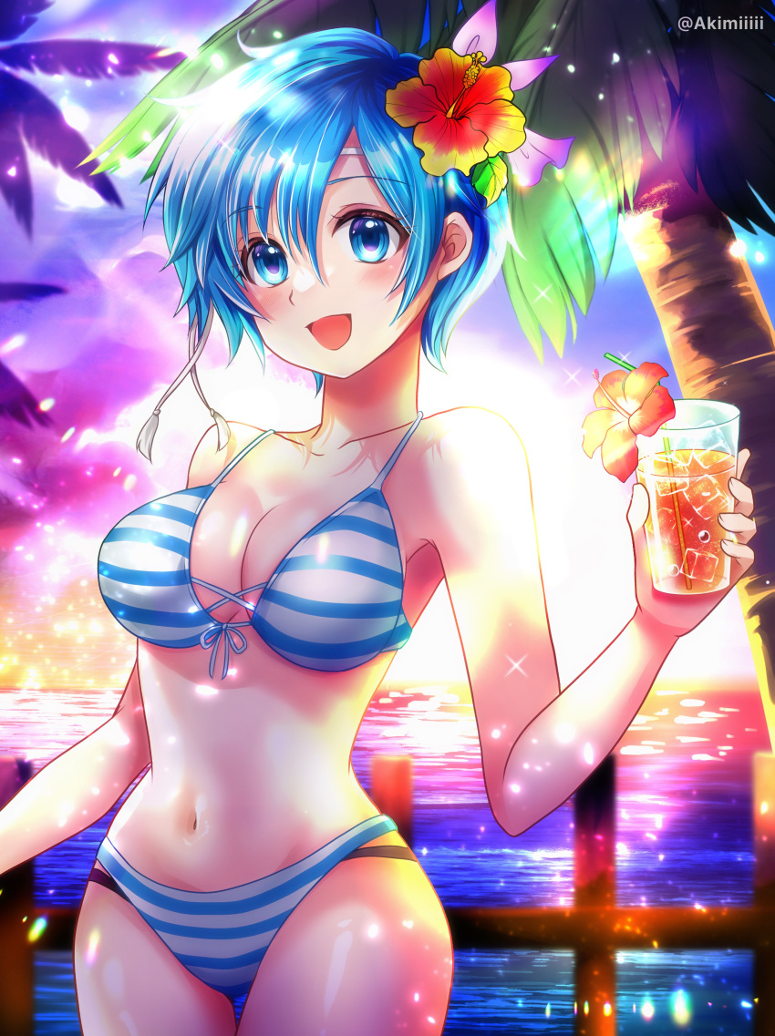 absurdres akimiiiii alternate_costume bare_shoulders blue_eyes blue_hair breasts drink female fire_emblem fire_emblem:_the_binding_blade headband highres holding holding_drink horizontal-striped_bikini looking_at_viewer medium_breasts navel open_mouth shanna_(fire_emblem) short_hair smile solo tropical_drink