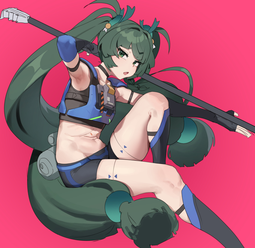 absurdres android armpits black_gloves choker elbow_gloves female fingerless_gloves gloves green_eyes green_hair gya_rb highres holding holding_polearm holding_weapon long_hair looking_at_viewer navel open_mouth pink_background polearm qingyi_(zenless_zone_zero) shorts simple_background solo twintails very_long_hair weapon zenless_zone_zero