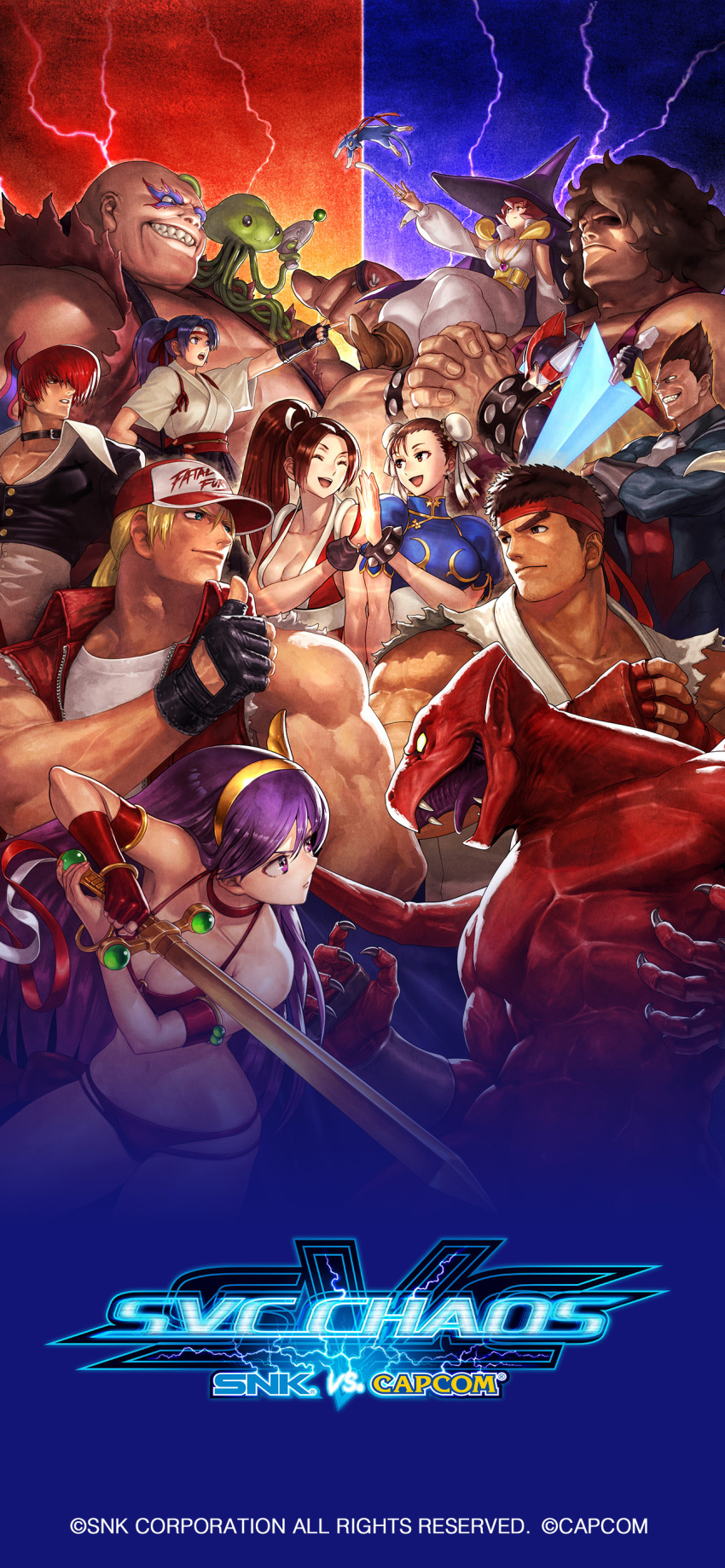 6+boys 6+girls absurdres afro android athena_(series) bikini blank_eyes blonde_hair blue_eyes bracelet breasts capcom chun-li copyright_name crossed_arms crossover dark_skin demitri_maximoff demon demon_wings dougi earthquake_(samurai_spirits) energy_sword fangs fatal_fury fatal_fury_cap final_fight gloves helmet high_five highres holding holding_sword holding_weapon hugo_andore jewelry large_breasts logo long_hair makaimura mars_people medium_breasts mega_man_(series) mega_man_zero_(series) metal_slug multiple_boys multiple_crossover multiple_girls muscular official_art official_wallpaper ogura_eisuke open_mouth princess_athena red_arremer red_bikini rivalry ryu_(street_fighter) ryuuko_no_ken samurai_spirits shiranui_mai simple_background smile snk street_fighter studded_bracelet svc_chaos swimsuit sword tabasa tentacle terry_bogard the_king_of_fighters thumbs_up toudou_kasumi upper_body vampire_(game) warzard weapon wings wizard yagami_iori yellow_eyes z_saber zero(z)_(mega_man) zero_(mega_man)