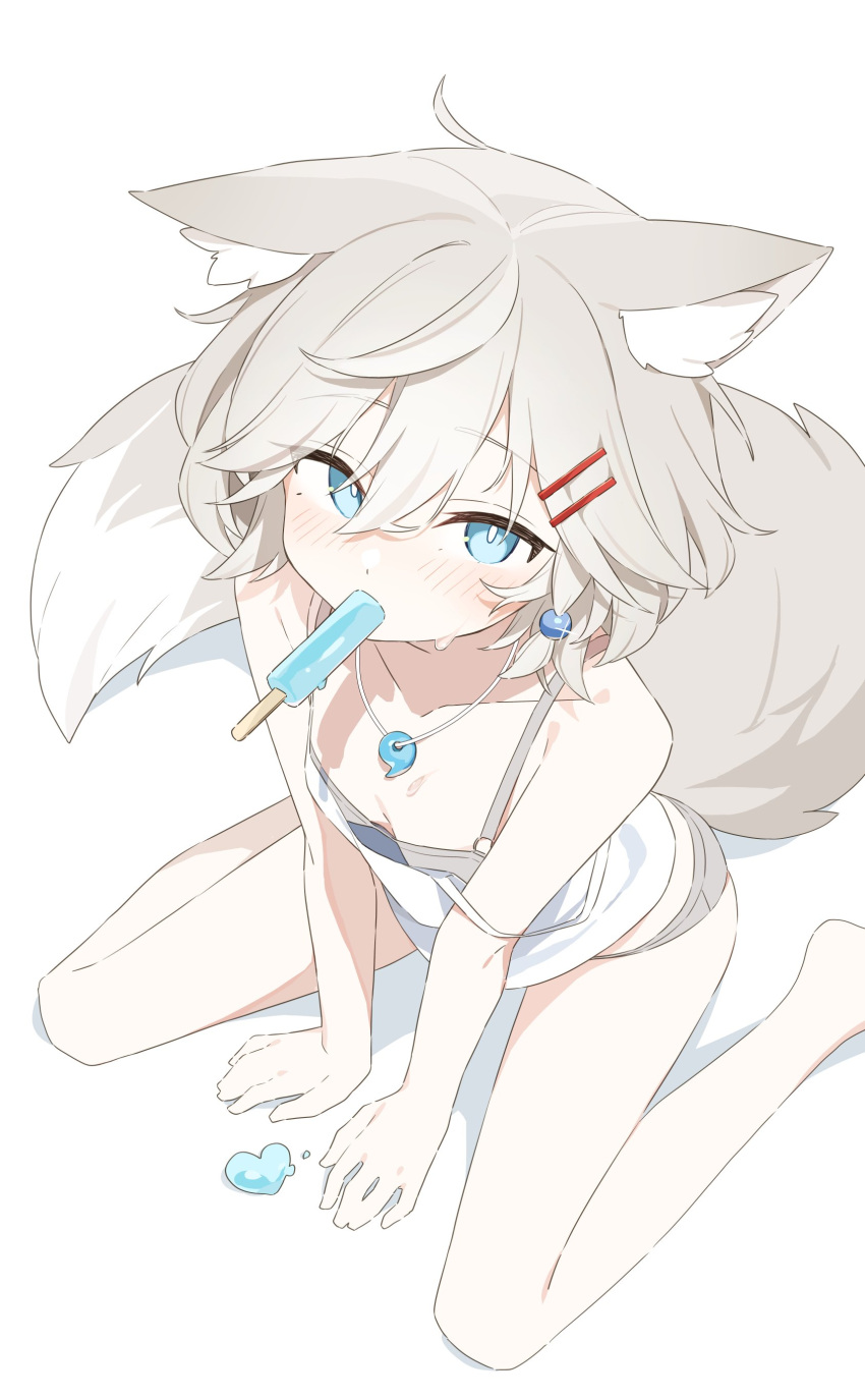 =_hair_ornament absurdres animal_ear_fluff animal_ears aqua_eyes blush breasts female food fox_ears fox_girl fox_tail grey_hair grey_shorts hair_ornament heart highres holding holding_food holding_ice_cream ice_cream jewelry looking_at_viewer mouth_hold necklace original shirt shorts simple_background sitting sleeveless sleeveless_shirt small_breasts solo tail urotsuki_(2013.04) v_arms wariza white_background white_shirt