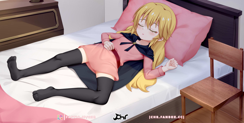 alice_rondo bed black_cape black_thighhighs blonde_hair cape chair chrisandita closed_eyes commentary commission dress english_commentary facing_viewer female full_body hand_on_own_stomach hand_up indoors long_hair lying no_shoes on_back on_bed parted_lips pillow pink_dress solo tensei_shitara_slime_datta_ken thighhighs very_long_hair watermark web_address wooden_floor