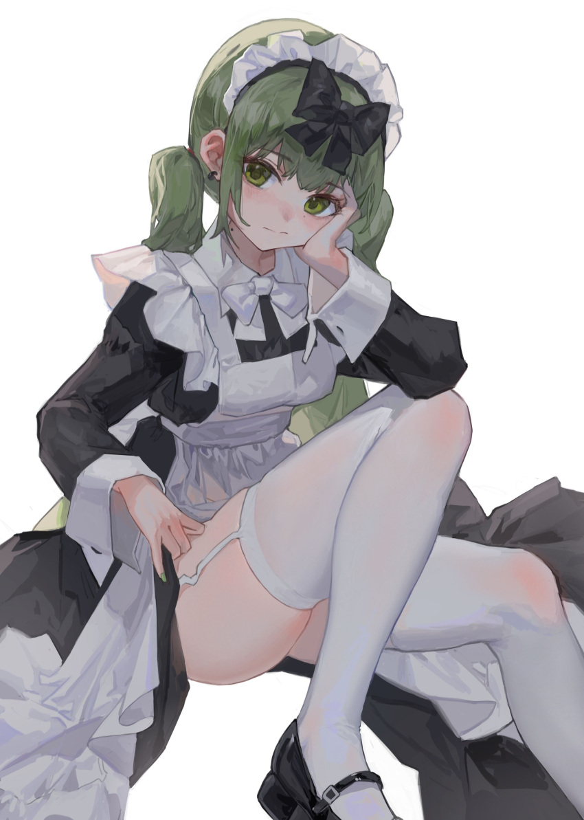 absurdres apron black_dress black_footwear blush bow bowtie closed_mouth clothes_lift dress earrings female foot_out_of_frame garter_straps green_eyes green_hair green_nails head_rest highres jewelry juliet_sleeves long_hair long_sleeves maid maid_apron maid_headdress mole mole_on_neck original puffy_sleeves sentter sidelocks simple_background sitting skindentation skirt skirt_lift solo thighhighs thighs twintails white_background white_bow white_bowtie white_thighhighs