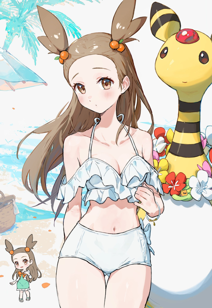 alternate_costume ampharos basket beach bikini blush bracelet breasts brown_eyes brown_hair cleavage closed_mouth collarbone comfey commentary_request day female flower hair_ornament highres jasmine_(pokemon) jewelry long_hair navel off-shoulder_bikini off_shoulder outdoors petals pokemon pokemon_(creature) pokemon_hgss swimsuit tree two_side_up white_bikini yosame0a