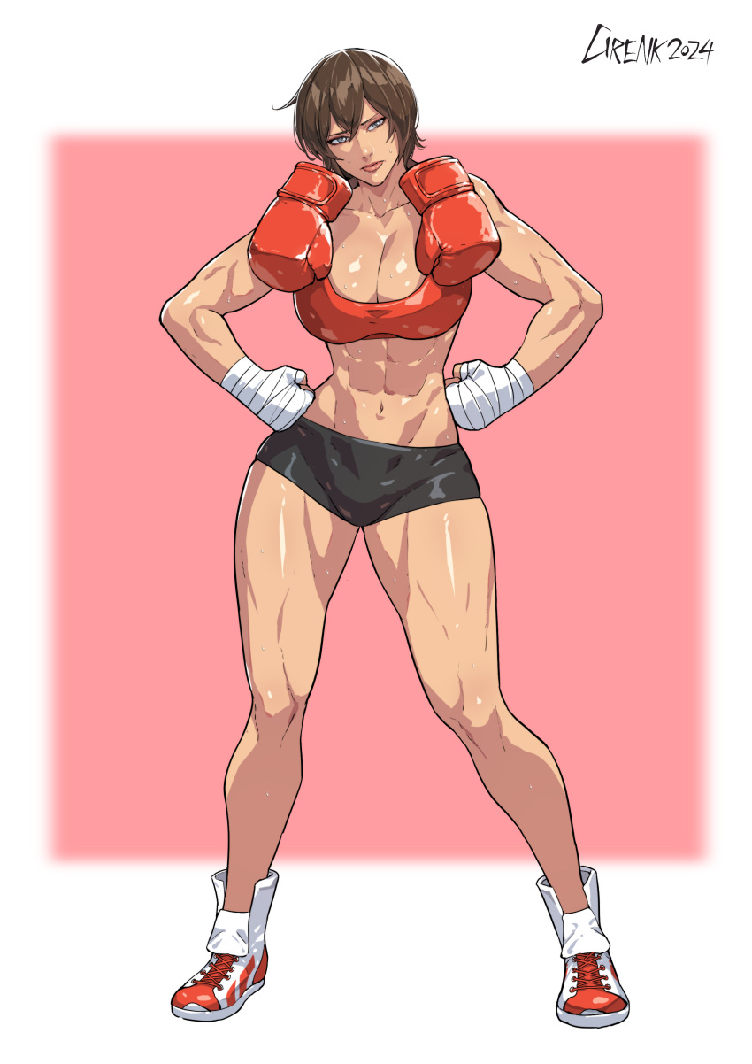 2024 abs absurdres artist_name black_shorts boxing_gloves bra breasts brown_hair cirenk cleavage clenched_hands full_body hand_wraps hands_on_own_hips highres large_breasts looking_at_viewer muscular muscular_female red_bra saotome_senshu_hita_kakusu saotome_yae shoes short_hair short_shorts shorts simple_background sportswear standing thighs underwear