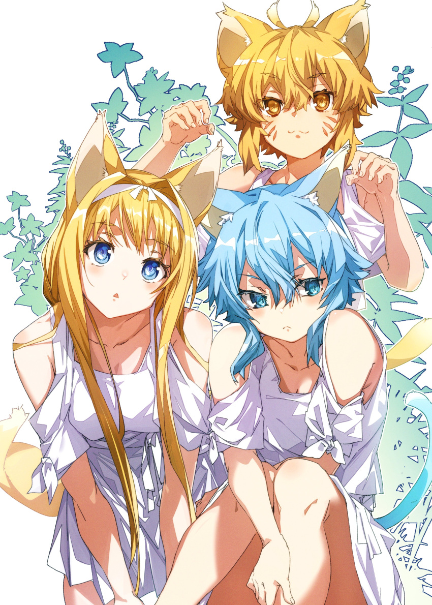 3girls :3 :o absurdres alice_zuberg animal_ears antenna_hair argo_the_rat bare_shoulders blonde_hair blue_eyes blue_hair breasts cat_ears cat_girl cat_tail cleavage closed_mouth clothing_cutout collarbone commentary_request cowboy_shot dress facial_mark fairy feet_out_of_frame fluff hair_between_eyes hand_on_own_leg hands_up highres leaning_forward light_blush light_frown long_hair looking_at_viewer looking_to_the_side medium_breasts medium_hair multiple_girls open_mouth orange_eyes paw_pose shoulder_cutout sinon sinon_(sao-alo) sitting small_breasts standing sword_art_online sword_art_online:_alicization tail upper_body whisker_markings white_background white_dress yoru_kiri