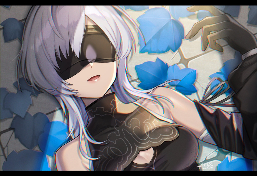 10h_(nier_reincarnation) bare_shoulders black_blindfold black_gloves blindfold blue_leaf breasts cleavage_cutout clothing_cutout female gloves highres letterboxed long_hair lying medium_breasts mile_t0r0 mole mole_under_mouth nier_(series) nier_reincarnation on_back open_mouth sleeveless solo white_hair