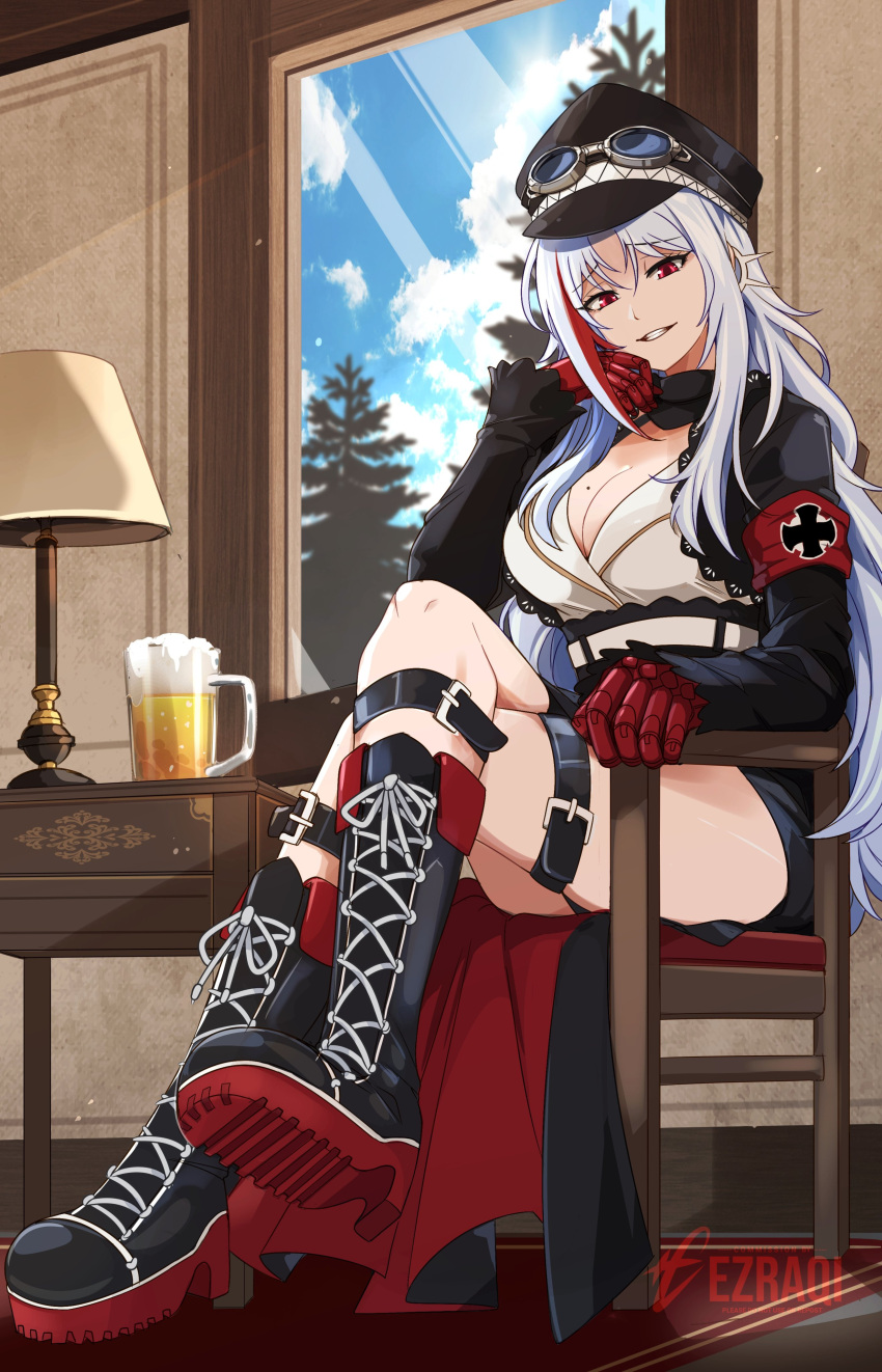 absurdres alcohol armband artist_name azur_lane beer beer_glass belt belt_buckle black_belt black_footwear black_hat blue_sky boots breasts buckle chair commentary cosplay cross cross-laced_footwear crossed_legs day deutschland_(azur_lane) deutschland_(azur_lane)_(cosplay) earrings english_commentary ezraqi female full_body glass goggles goggles_on_headwear grin hat highres indoors iron_cross jacket jewelry lace-up_boots lamp long_hair long_sleeves looking_at_viewer military_hat military_jacket mole mole_on_breast multicolored_hair on_chair peaked_cap pine_tree platform_boots platform_footwear red_armband red_footwear red_hair shoe_soles sitting sky smile solo streaked_hair sunlight table tallinn_(azur_lane) tree two-tone_footwear watermark white_hair window