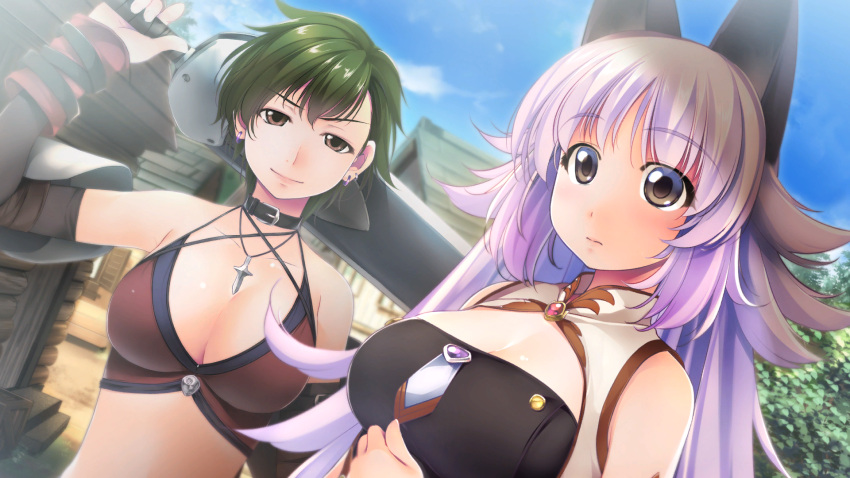 2girls animal_ears atelier-moo bare_shoulders bikini breasts brown_eyes closed_mouth collar collarbone detached_sleeves green_hair grey_eyes hair_between_eyes highres holding holding_sword holding_weapon jewelry large_breasts long_hair long_sideburns mana_(our_battle_has_just_begun!) multiple_girls necklace our_battle_has_just_begun! short_hair sideburns smile standing surprised swimsuit sword taylor_(our_battle_has_just_begun!) town upper_body weapon wide-eyed wolf_ears wolf_girl