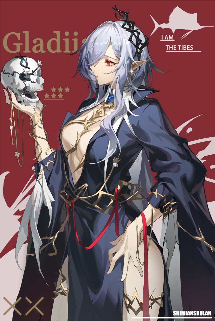 absurdres animal_ears arknights blue_dress blue_hair breasts character_name commentary dress female gladiia_(arknights) gladiia_(i_am_the_tides)_(arknights) hair_ornament hair_over_one_eye highres holding holding_skull light_blue_hair long_hair long_sleeves madao medium_breasts official_alternate_costume pelvic_curtain plunging_neckline pointy_ears red_eyes red_ribbon ribbon sidelocks skull solo star_(symbol) typo wide_sleeves