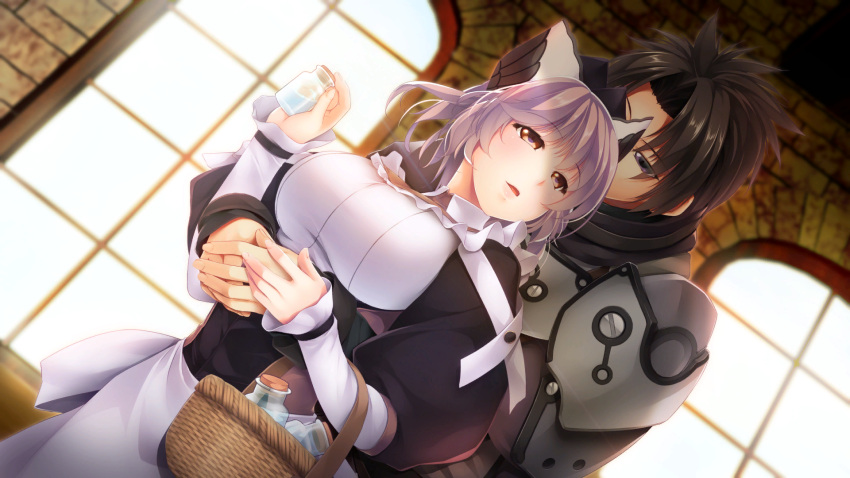 1boy apron armor atelier-moo baguette black_hair bottle bread breast_rest breasts brown_eyes female food frilled_apron frills hair_between_eyes hair_ornament highres holding holding_bottle hug hug_from_behind ibis_(our_battle_has_just_begun!) large_breasts long_sleeves maid maid_apron narrow_waist oma_(our_battle_has_just_begun!) open_mouth our_battle_has_just_begun! puffy_long_sleeves puffy_short_sleeves puffy_sleeves short_hair short_sleeves smile standing white_apron