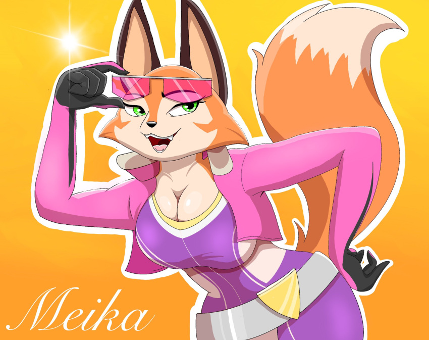 2023 anthro breasts canid canine character_name cleavage clothed clothing digital_media_(artwork) dipstick_tail ears_up eyebrows eyewear eyewear_on_head female fox green_eyes grin hand_on_hip hi_res looking_at_viewer mammal markings meika_(rimba_racer) open_mouth racing_suit rimba_racer smile solo sunglasses sunglasses_on_head tail tail_markings tight_clothing zebra10045